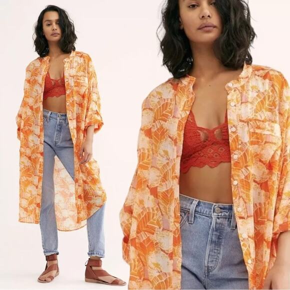 Free People Tropical Hawaiian Maxi Tunic Top Size Medium Lightweight Boho Resort - Picture 13 of 13